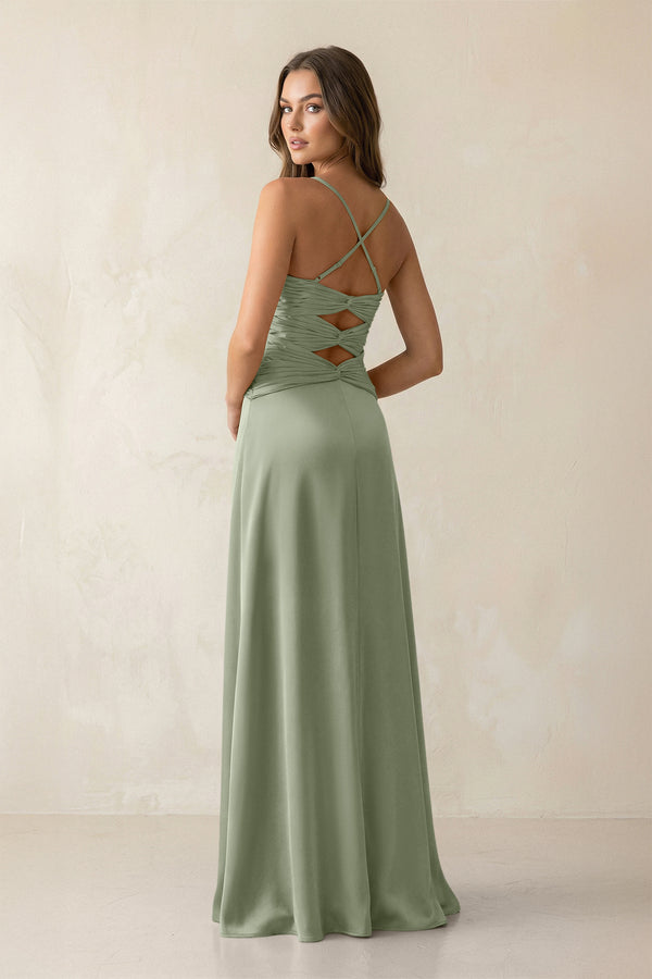 Cami Strap Pleated Sheath Satin Bridesmaid Dress in Dove Gray (2) | KISSBRIDAL