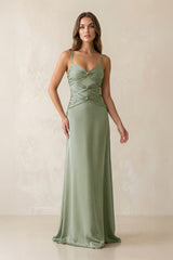 Cami Strap Pleated Sheath Satin Bridesmaid Dress in Dove Gray - KISS BRIDAL Bridesmaid Dresses