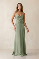 Cami Strap Pleated Sheath Satin Bridesmaid Dress in Dove Gray | KISSBRIDAL
