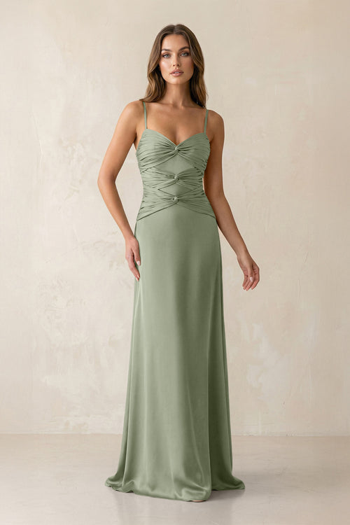 Cami Strap Pleated Sheath Satin Bridesmaid Dress in Dove Gray | KISSBRIDAL