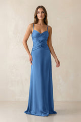 Cami Strap Pleated Sheath Satin Bridesmaid Dress in Dusty Blue - KISS BRIDAL Bridesmaid Dresses