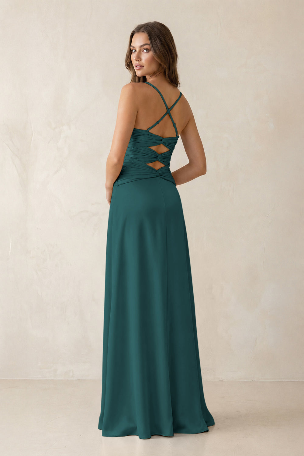 Cami Strap Pleated Sheath Satin Bridesmaid Dress in Emerald
