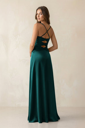 Cami Strap Pleated Sheath Satin Bridesmaid Dress in Emerald - KISS BRIDAL Bridesmaid Dresses