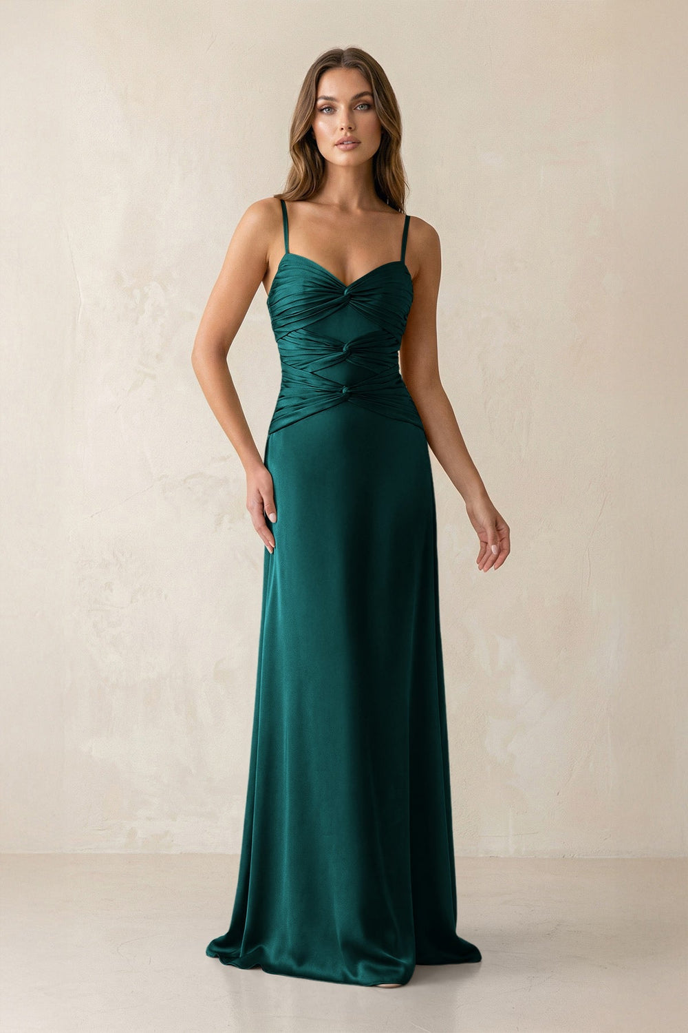 Cami Strap Pleated Sheath Satin Bridesmaid Dress in Emerald - KISS BRIDAL Bridesmaid Dresses