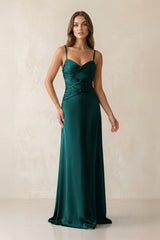 Cami Strap Pleated Sheath Satin Bridesmaid Dress in Emerald - KISS BRIDAL Bridesmaid Dresses