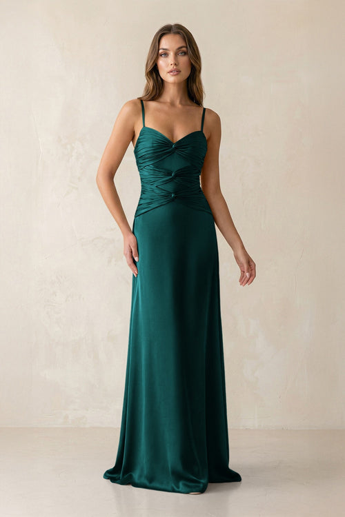 Cami Strap Pleated Sheath Satin Bridesmaid Dress in Emerald - KISS BRIDAL Bridesmaid Dresses