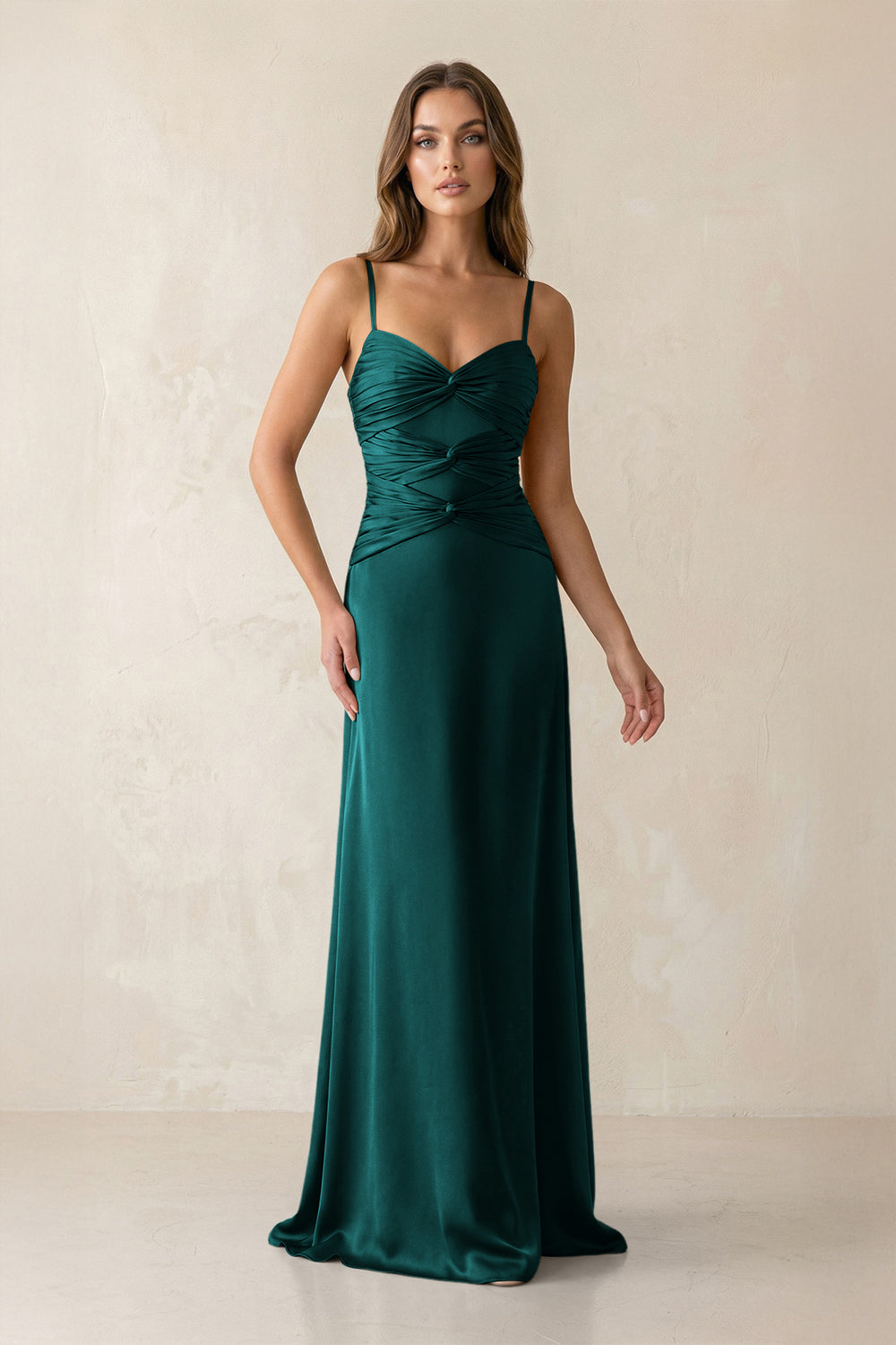 Cami Strap Pleated Sheath Satin Bridesmaid Dress in Emerald