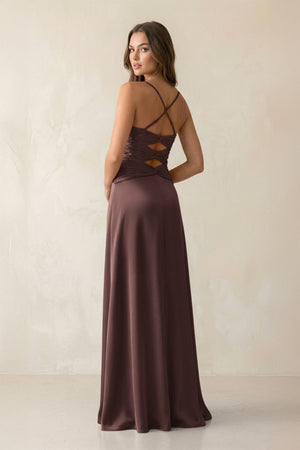 Cami Strap Pleated Sheath Satin Bridesmaid Dress in Espresso (2) | KISSBRIDAL