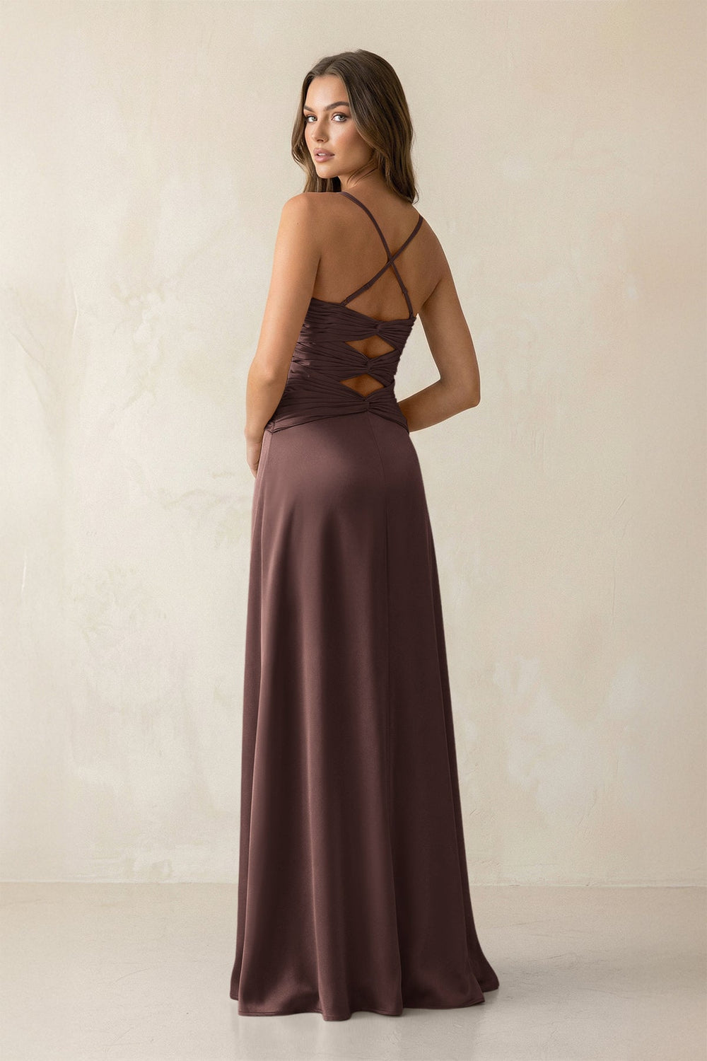 Cami Strap Pleated Sheath Satin Bridesmaid Dress in Espresso - KISS BRIDAL Bridesmaid Dresses