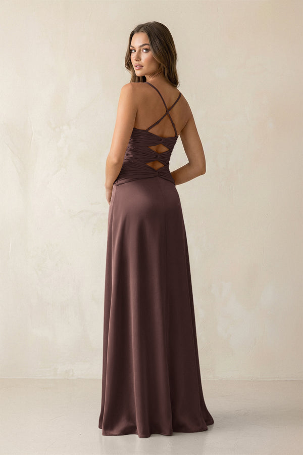 Cami Strap Pleated Sheath Satin Bridesmaid Dress in Espresso - KISS BRIDAL Bridesmaid Dresses