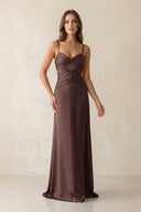 Cami Strap Pleated Sheath Satin Bridesmaid Dress in Espresso - KISS BRIDAL Bridesmaid Dresses