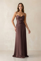 Cami Strap Pleated Sheath Satin Bridesmaid Dress in Espresso - KISS BRIDAL Bridesmaid Dresses