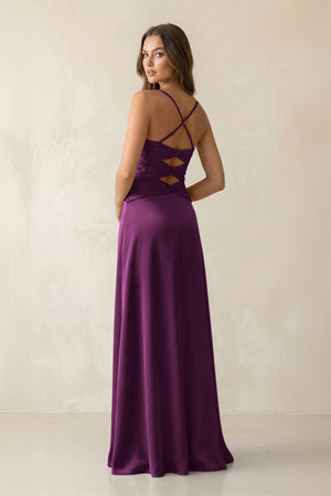 Cami Strap Pleated Sheath Satin Bridesmaid Dress in Fig (2) | KISSBRIDAL