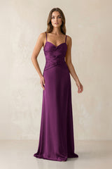 Cami Strap Pleated Sheath Satin Bridesmaid Dress in Fig - KISS BRIDAL Bridesmaid Dresses