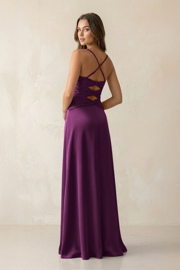 Cami Strap Pleated Sheath Satin Bridesmaid Dress in Fig - KISS BRIDAL Bridesmaid Dresses