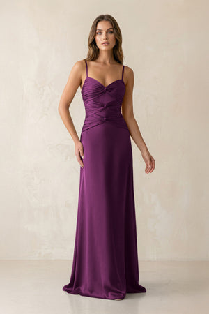 Cami Strap Pleated Sheath Satin Bridesmaid Dress in Fig | KISSBRIDAL
