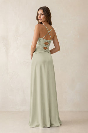 Cami Strap Pleated Sheath Satin Bridesmaid Dress in Frost (2) | KISSBRIDAL