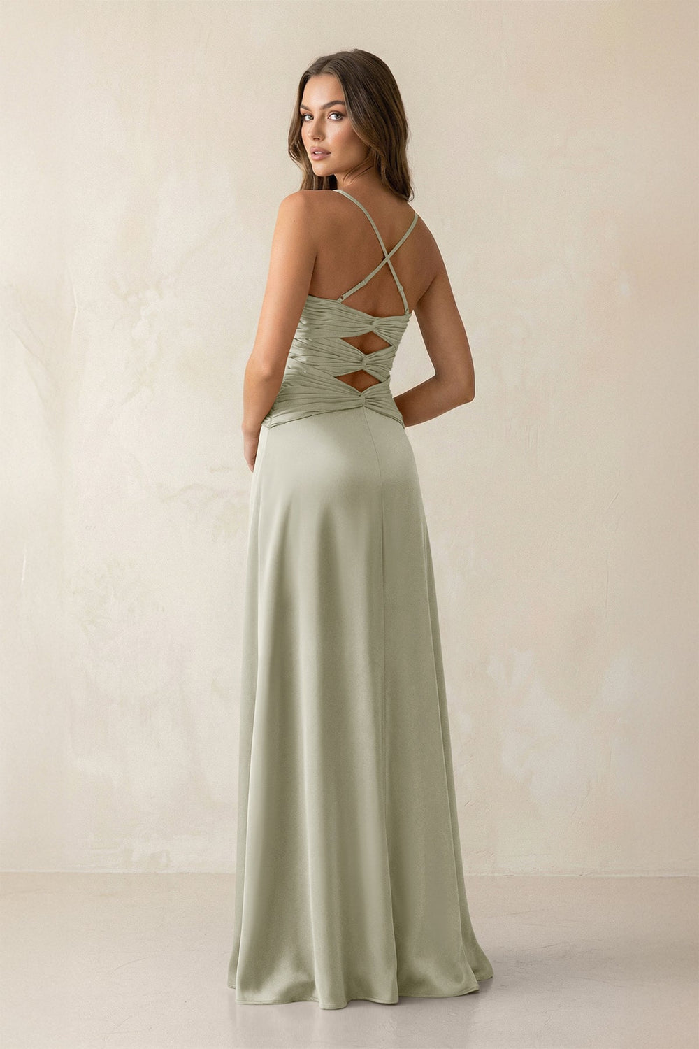 Cami Strap Pleated Sheath Satin Bridesmaid Dress in Frost - KISS BRIDAL Bridesmaid Dresses