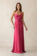Cami Strap Pleated Sheath Satin Bridesmaid Dress in Fuchsia - KISS BRIDAL Bridesmaid Dresses