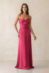 Cami Strap Pleated Sheath Satin Bridesmaid Dress in Fuchsia - KISS BRIDAL Bridesmaid Dresses