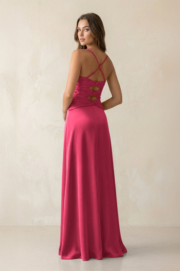 Cami Strap Pleated Sheath Satin Bridesmaid Dress in Fuchsia - KISS BRIDAL Bridesmaid Dresses
