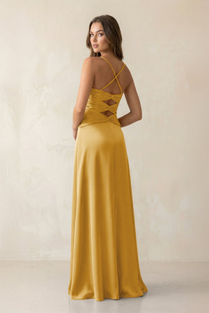Cami Strap Pleated Sheath Satin Bridesmaid Dress in Gold - KISS BRIDAL Bridesmaid Dresses