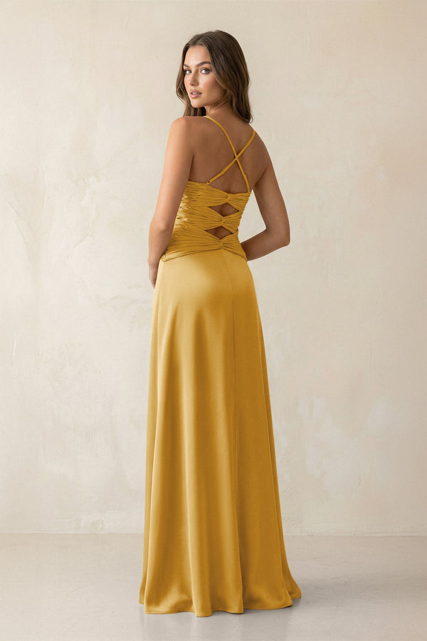 Cami Strap Pleated Sheath Satin Bridesmaid Dress in Gold - KISS BRIDAL Bridesmaid Dresses
