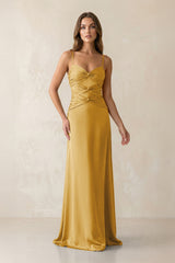 Cami Strap Pleated Sheath Satin Bridesmaid Dress in Gold - KISS BRIDAL Bridesmaid Dresses