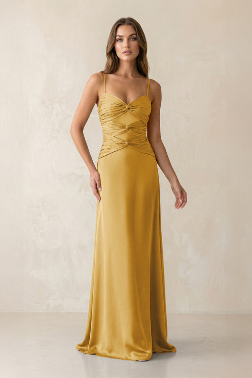 Cami Strap Pleated Sheath Satin Bridesmaid Dress in Gold | KISSBRIDAL