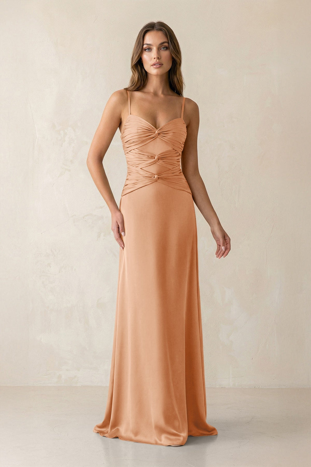 Cami Strap Pleated Sheath Satin Bridesmaid Dress in Golden Champagne - KISS BRIDAL Bridesmaid Dresses