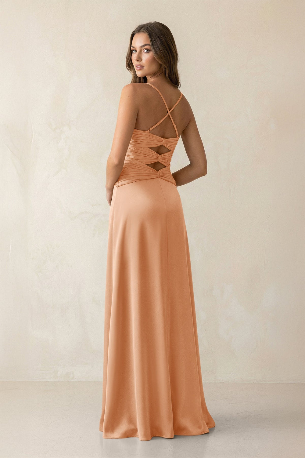 Cami Strap Pleated Sheath Satin Bridesmaid Dress in Golden Champagne - KISS BRIDAL Bridesmaid Dresses