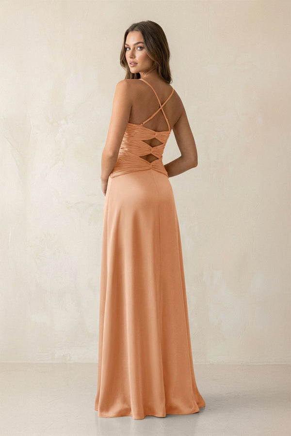 Cami Strap Pleated Sheath Satin Bridesmaid Dress in Golden Champagne - KISS BRIDAL Bridesmaid Dresses