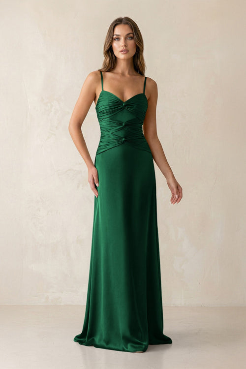 Cami Strap Pleated Sheath Satin Bridesmaid Dress in Green - KISS BRIDAL Bridesmaid Dresses