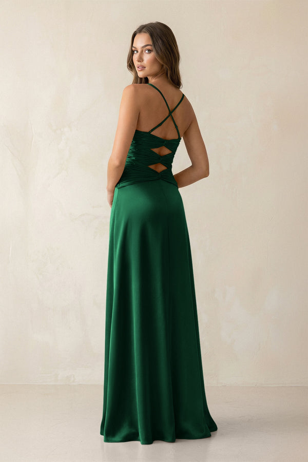 Cami Strap Pleated Sheath Satin Bridesmaid Dress in Green - KISS BRIDAL Bridesmaid Dresses
