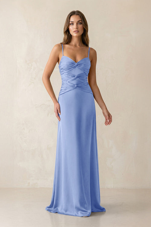 Cami Strap Pleated Sheath Satin Bridesmaid Dress in Ice - KISS BRIDAL Bridesmaid Dresses