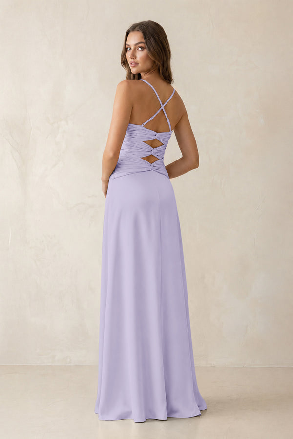 Cami Strap Pleated Sheath Satin Bridesmaid Dress in Lavender (2) | KISSBRIDAL