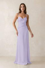 Cami Strap Pleated Sheath Satin Bridesmaid Dress in Lavender | KISSBRIDAL