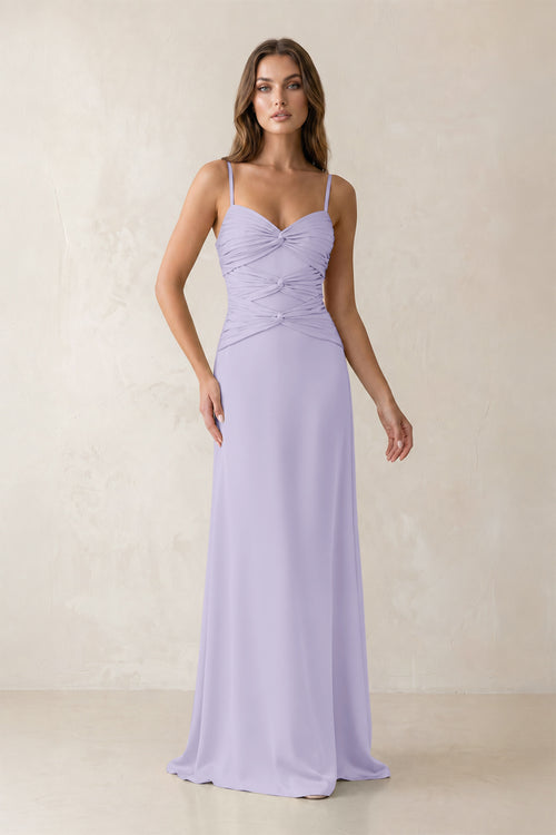 Cami Strap Pleated Sheath Satin Bridesmaid Dress in Lavender | KISSBRIDAL