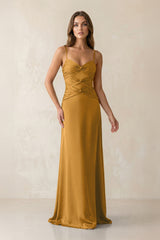 Cami Strap Pleated Sheath Satin Bridesmaid Dress in Marigold - KISS BRIDAL Bridesmaid Dresses