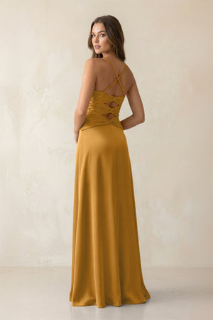 Cami Strap Pleated Sheath Satin Bridesmaid Dress in Marigold - KISS BRIDAL Bridesmaid Dresses