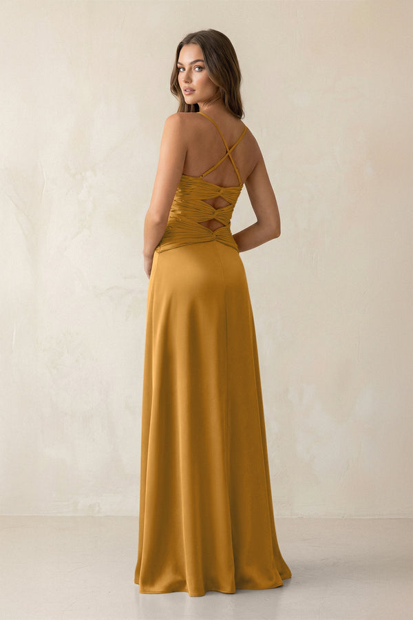 Cami Strap Pleated Sheath Satin Bridesmaid Dress in Marigold - KISS BRIDAL Bridesmaid Dresses