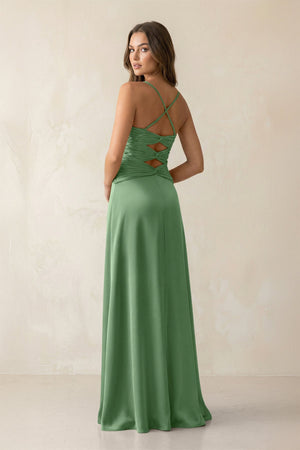 Cami Strap Pleated Sheath Satin Bridesmaid Dress in Matcha - KISS BRIDAL Bridesmaid Dresses
