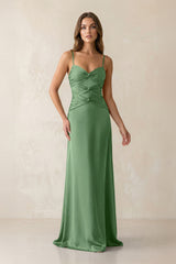Cami Strap Pleated Sheath Satin Bridesmaid Dress in Matcha - KISS BRIDAL Bridesmaid Dresses