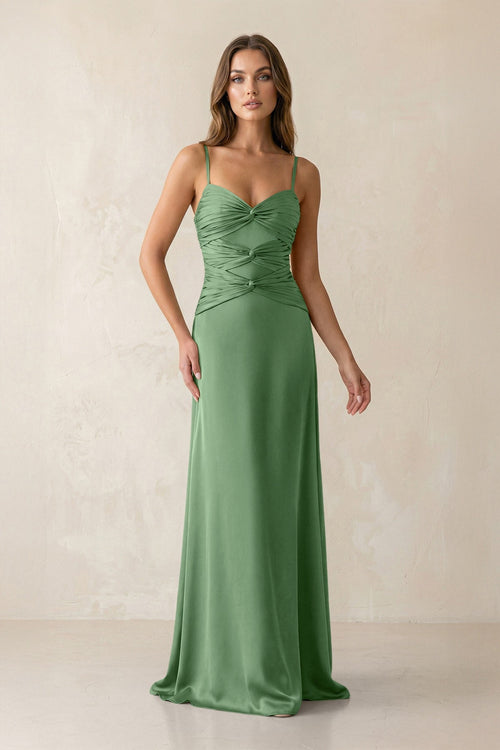 Cami Strap Pleated Sheath Satin Bridesmaid Dress in Matcha - KISS BRIDAL Bridesmaid Dresses
