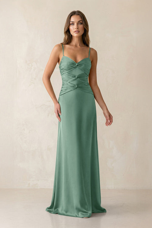 Cami Strap Pleated Sheath Satin Bridesmaid Dress in Mint Green - KISS BRIDAL Bridesmaid Dresses