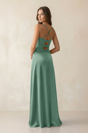 Cami Strap Pleated Sheath Satin Bridesmaid Dress in Mint Green - KISS BRIDAL Bridesmaid Dresses