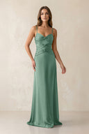 Cami Strap Pleated Sheath Satin Bridesmaid Dress in Mint Green | KISSBRIDAL