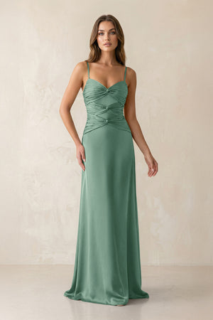 Cami Strap Pleated Sheath Satin Bridesmaid Dress in Mint Green | KISSBRIDAL