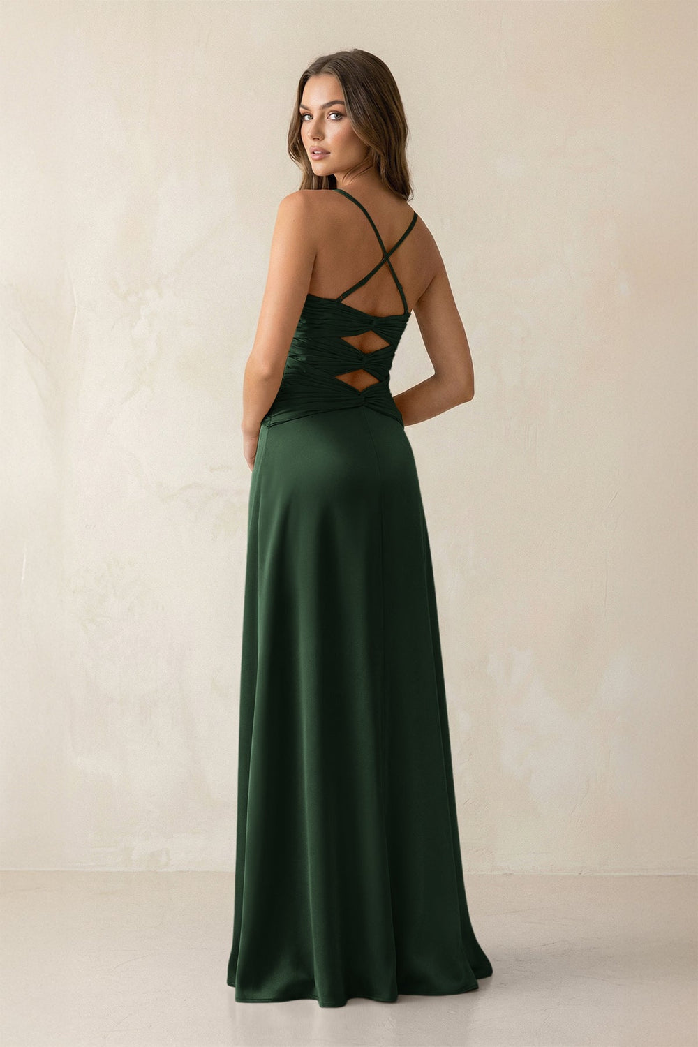 Cami Strap Pleated Sheath Satin Bridesmaid Dress in Moss - KISS BRIDAL Bridesmaid Dresses