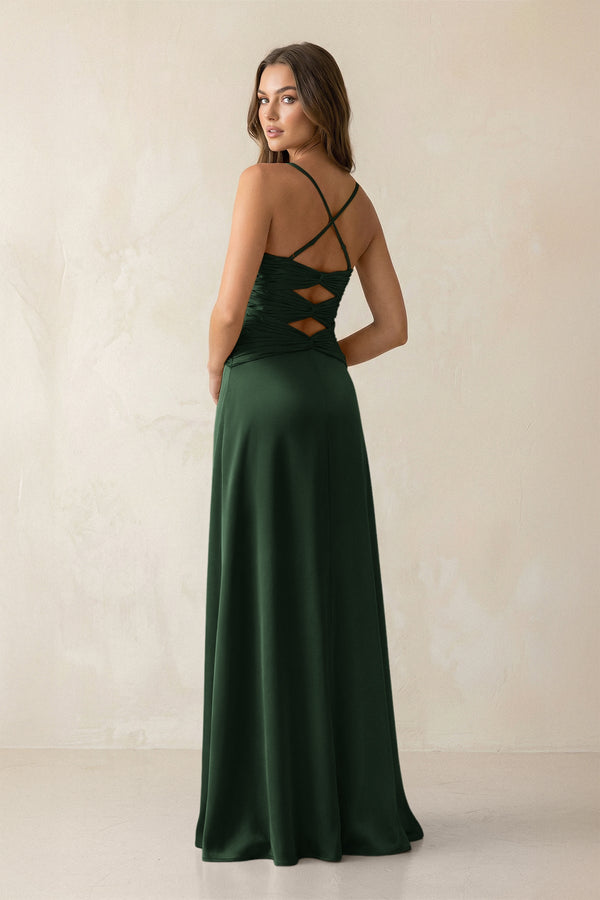 Cami Strap Pleated Sheath Satin Bridesmaid Dress in Moss - KISS BRIDAL Bridesmaid Dresses